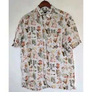 Club Room Luxury Shirt Mens M 100% Linen Hawaiian Orange Floral Tiki Vacation